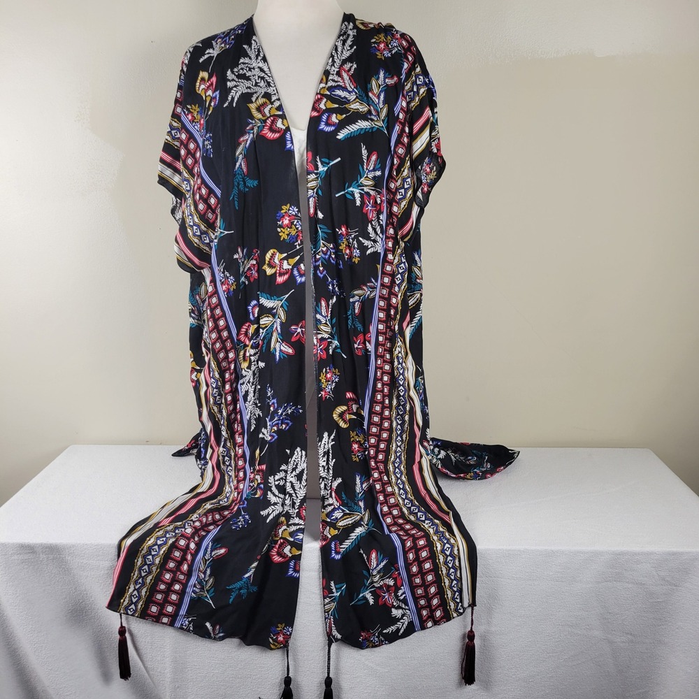 Black Floral Geometric Tassel Kimono Cardigan Open Front Longline Coverup Womens